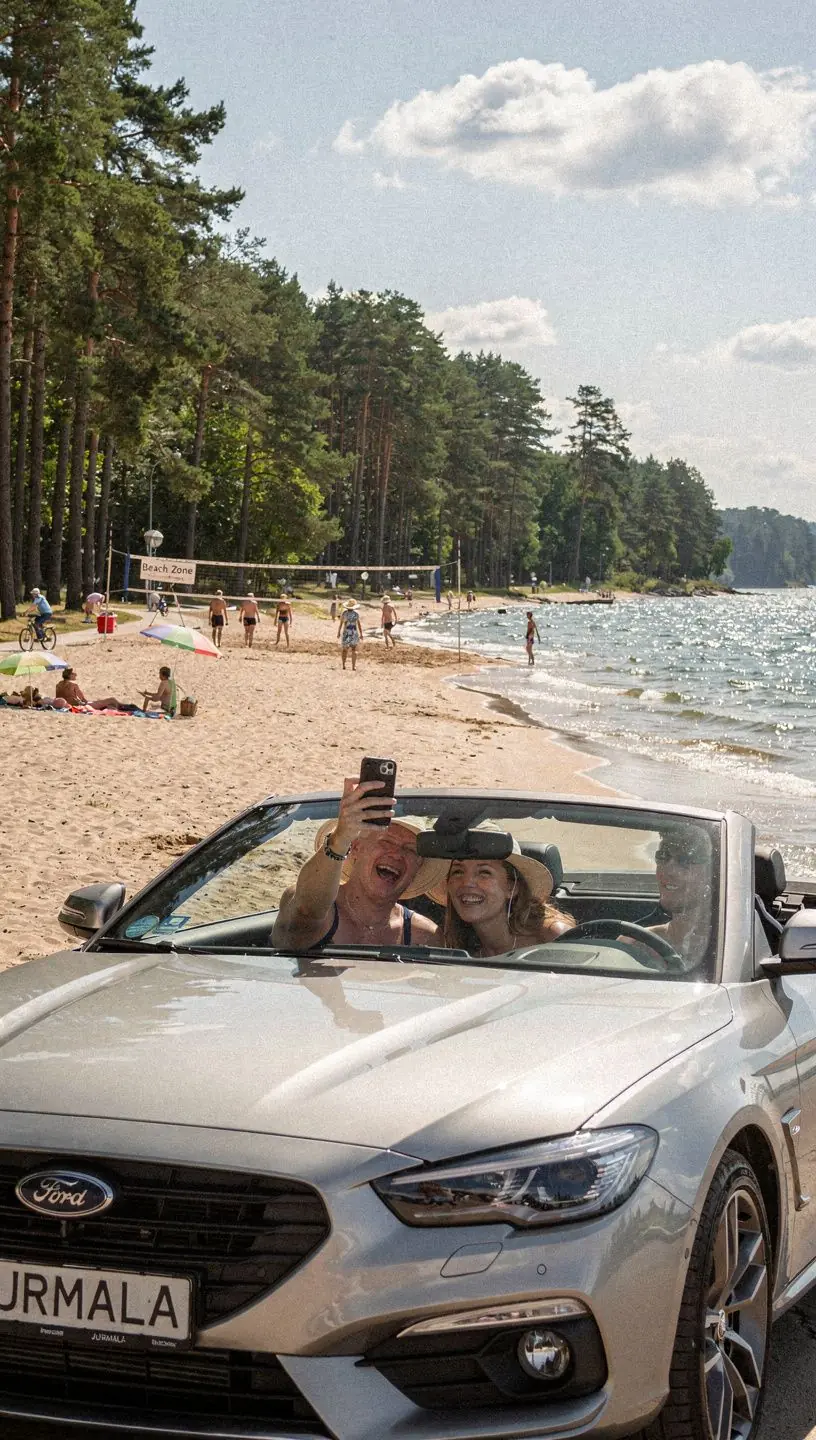 A serene landscape of Latvia's lush countryside with rolling hills and winding roads perfect for an adventurous drive.